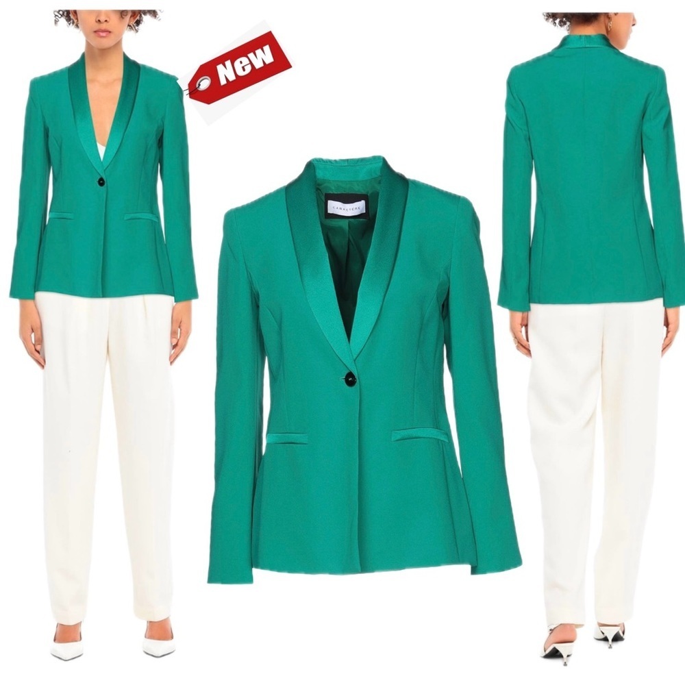 Caractere emerald green satin trim single breasted tailored blazer jacket US 10